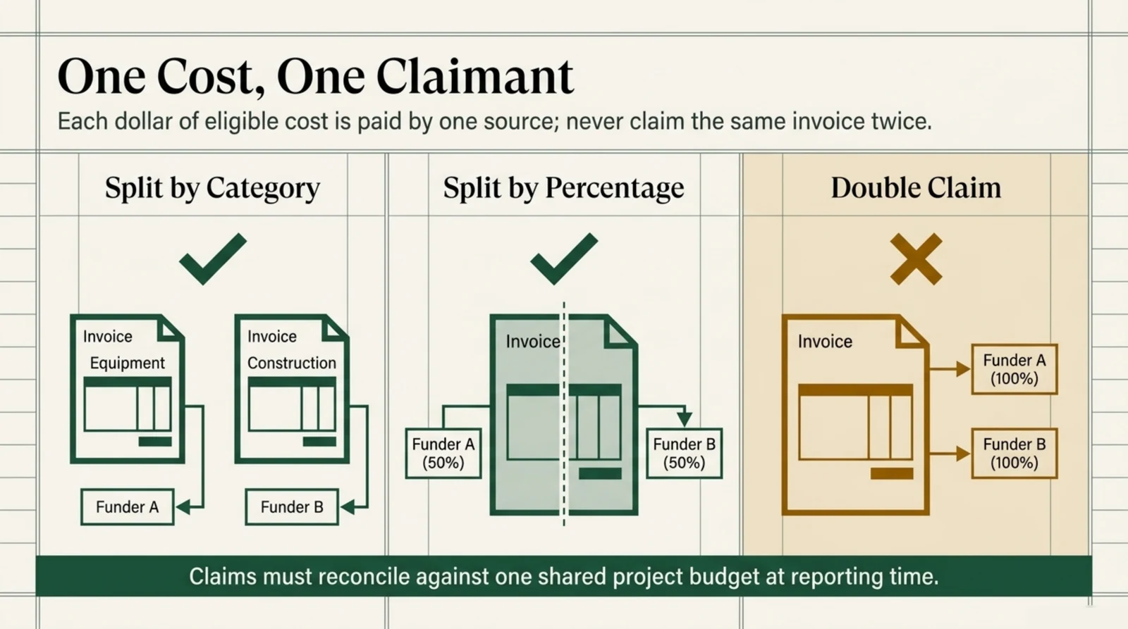 Three panel comparison of how one invoice may be claimed when two funders are involved. The first panel, Split by Category, shows a green check mark above two separate invoices labelled Equipment and Construction, each routed by its own arrow to a different funder. The second panel, Split by Percentage, shows a green check mark above a single invoice divided by a dashed line, with fifty per cent routed to each funder. The third panel, Double Claim, is marked with an amber brown cross and shows one invoice sent in full to both funders at the same time, which is not permitted. A footer band states that claims must reconcile against one shared project budget at reporting time.