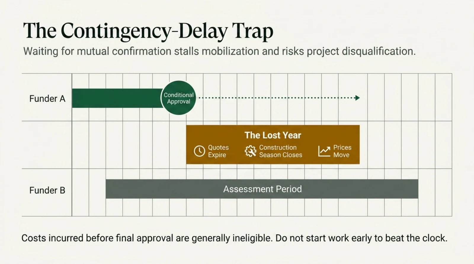 Timeline chart of the contingency delay trap laid out across two funder rows. The first row shows a dark green bar that ends in a circular milestone marked Conditional Approval, after which only a dotted arrow continues to the right, showing no further progress. The second row shows a long grey bar labelled Assessment Period that starts later and runs well past the point where the first funder already approved. Between the two rows sits an amber brown block labelled The Lost Year, spanning the waiting period, listing three consequences with small icons: quotes expire, construction season closes, and prices move. A caption below states that costs incurred before final approval are generally ineligible, and warns against starting work early to beat the clock.