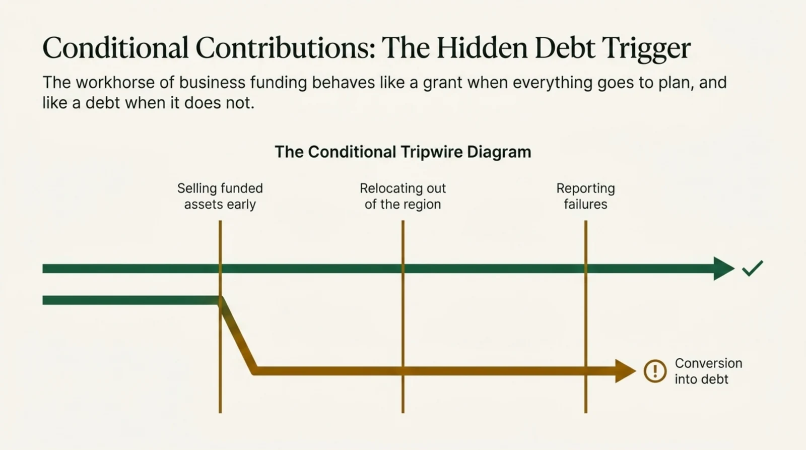Diagram of the conditional contribution tripwire: funding behaves like a grant until clawback triggers such as selling funded assets, relocating out of the region, or reporting failures convert it into debt